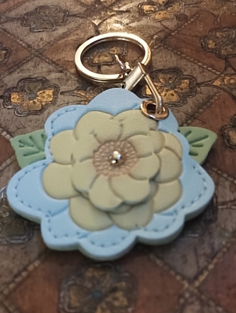 Blue & Yellow Floral Leather Keychain Keyring Airtag Holder